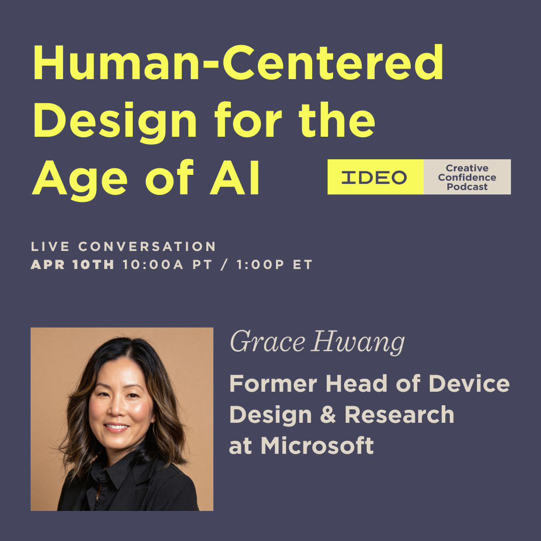🚨 Happening today!

Join us live 10AM PT / 1PM ET  for a conversation with Grace Hwang—former IDEO associate partner and most recently GM of Design &amp; UX Research for Mixed Reality at Microsoft.
ideo.in/4i4NQkn