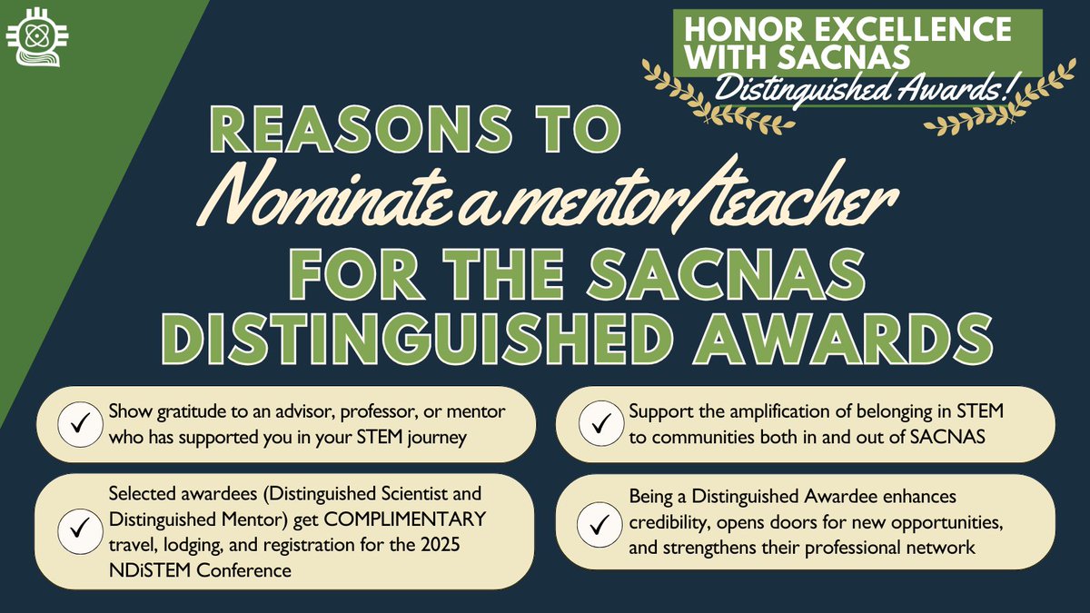🌟 Has a mentor, professor, advisor, or colleague made a lasting impact on your #STEM journey? 🌟 Nominate them for a #SACNAS Distinguished Award! #Mentorship 
 
🏅 Scientist Award 
🏅 Mentor Award 

Nominate today! 🔗 hubs.ly/Q03dkDB10