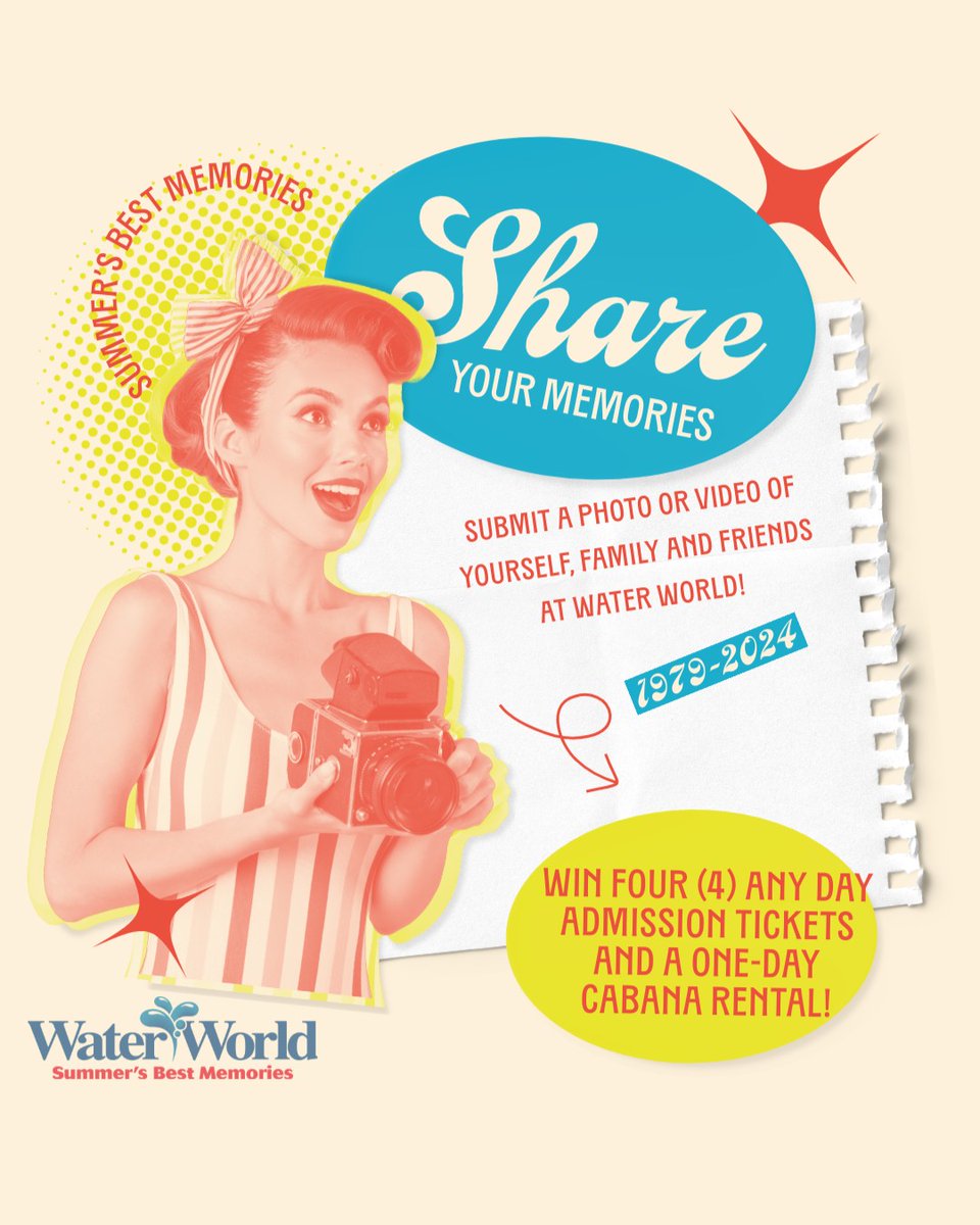 Share your favorite Water World memory (from 1979–2024) for a chance to win 4 any-day admission tickets for the 2025 season &amp; a one-day cabana rental. Total prize value: $443.95! Enter your photos &amp; videos now: bit.ly/SummersBestMem…. One winner will be randomly selected on 5/5.