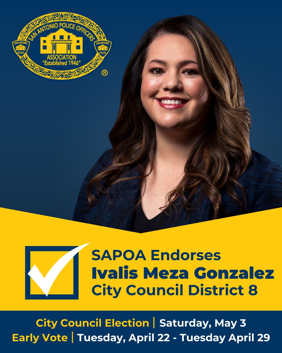 SAPOA proudly endorses Ivalis Meza Gonzalez for City Council District 8. Take advantage of early voting!
Learn more: sapoa.org/about/politica…