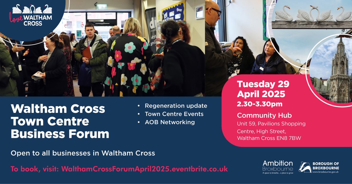 AmbitionBrox's tweet photo. Come along to the Waltham Cross Town Centre Business Forum 🏙️💬

Get regeneration updates, network with other business owners and keep up to date on what's happening in Waltham Cross.

Learn more and book your place: https://t.co/bmeruqwigH https://t.co/MXwffAtHXA