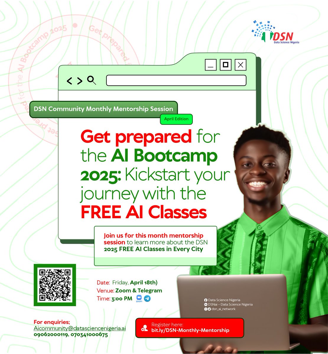 Hello <a href="/dsn_ai_network/">DSN - Data Science Nigeria</a> Community!

Ever wondered how thousands of beginners like you got into AI and made it to Nigeria’s foremost and biggest AI Bootcamp?

The journey starts with just one decision — and that decision could be yours this April!

This month’s DSN Mentorship