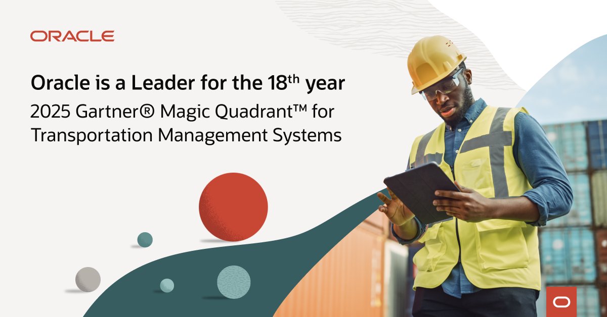 mark_on_tech's tweet photo. Excited to see @Oracle named a Leader for the 18th time since 2006 in the 2025 @Gartner_inc Magic Quadrant for Transportation Management Systems. Get the details: https://t.co/AyEUKUX8qD https://t.co/JQMhWcKYB1