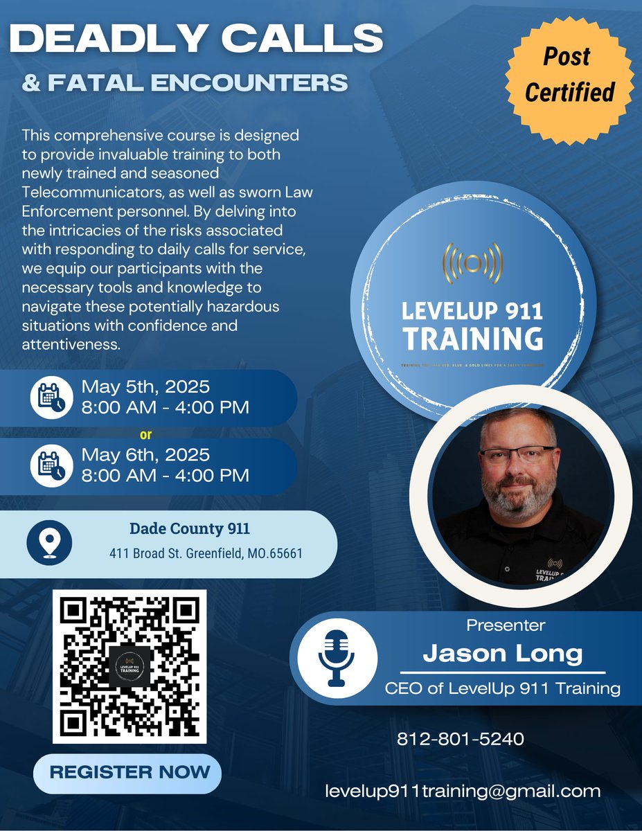 🚨 Missouri Training Alert! 🚨
LevelUp 911 is excited to present:
Deadly Calls &amp; Fatal Encounters
🗓️ May 5th or 6th
📍 Dade County 911 – Greenfield,

Seats are limited – reserve yours now!
📲 Register here: levelup911training.arlo.co/w/

#LevelUp911 #911Training #DispatcherStrong