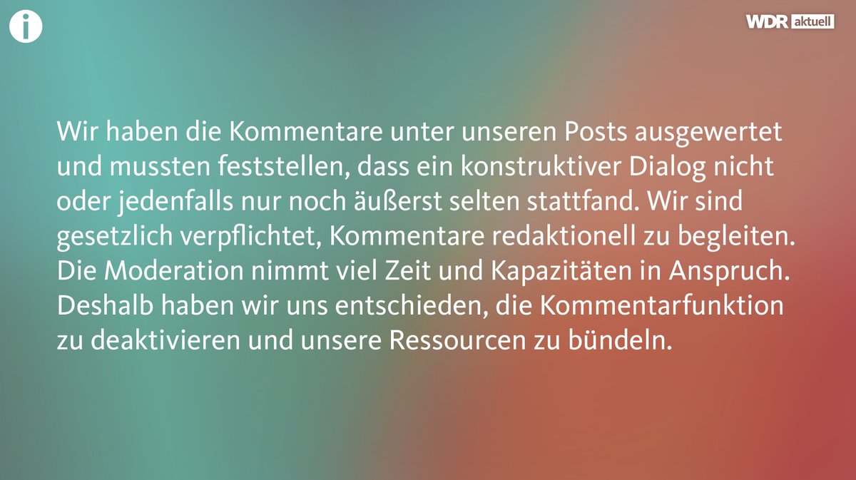 WDRaktuell's tweet image. Seit dem 7. April 2025 deaktivieren wir bei jedem unserer Posts die Kommentarfunktion. Warum wir das tun👇