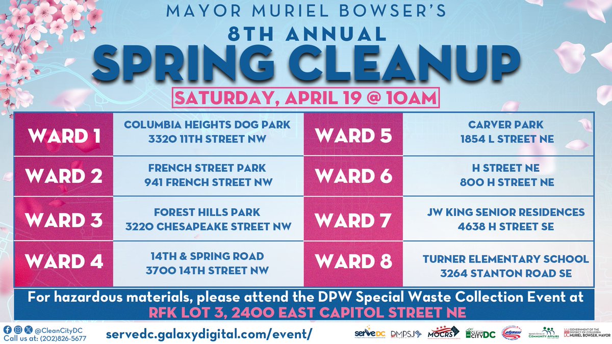 Want to see a more beautiful DC? Let’s make it happen—together! 🌸Join your neighbors for the 8th Annual MMB Spring Cleanup and take pride in cleaning the places we call home.

🧹✨ Parks, sidewalks, streets, and more! Residents and partners are hitting ALL 8 WARDS on Saturday,