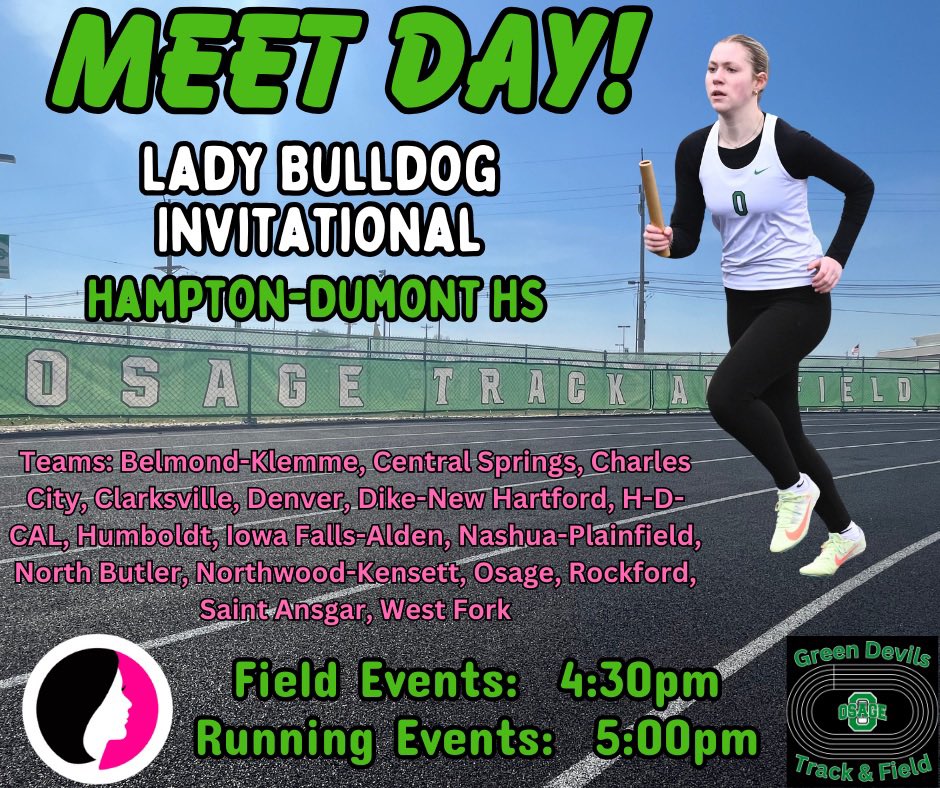 og_xctf's tweet image. Osage HS ladies will compete in the Lady Bulldog Invite at Hampton-Dumont tonight!

⏰Field 4:30, Running 5:00
🏟️Hampton-Dumont HS
🎟️ $8 Adults, $5 Students

H-D accepts both cash &amp;amp; card at the gate &amp;amp; concession stand. 

**Note the limited on-site parking due to construction **