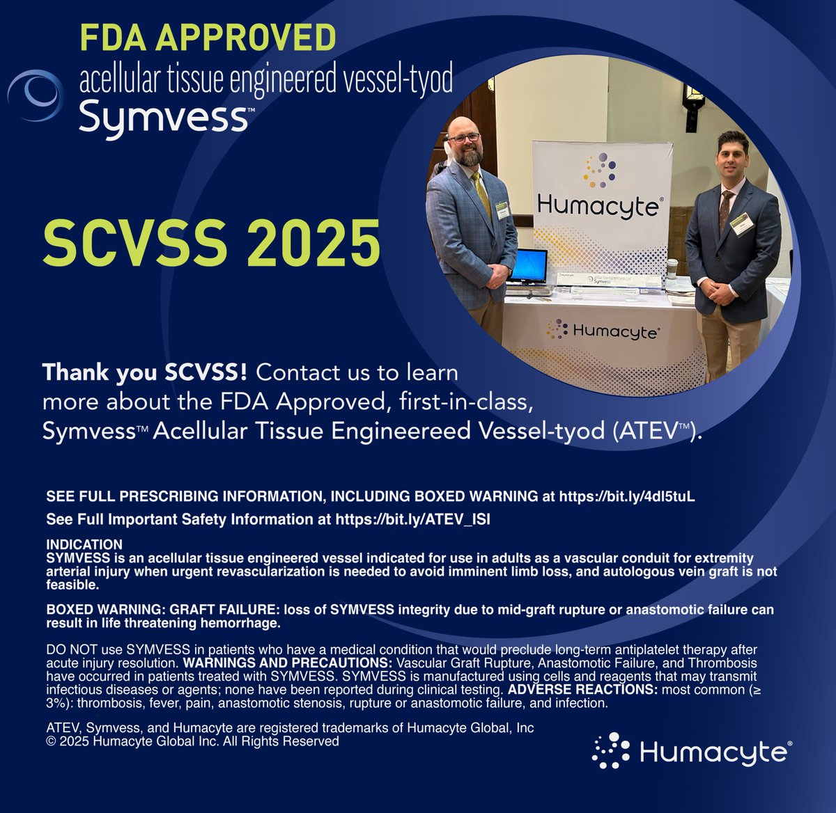 humacyte's tweet image. 👋 Thank you @VascularSocal. We hope you had a chance to visit with us during the Southern California Vascular Surgical Society (SCVSS) Annual Meeting this past weekend in San Diego, CA. We truly appreciate everyone's engagement and interest in Symvess™ acellular tissue…