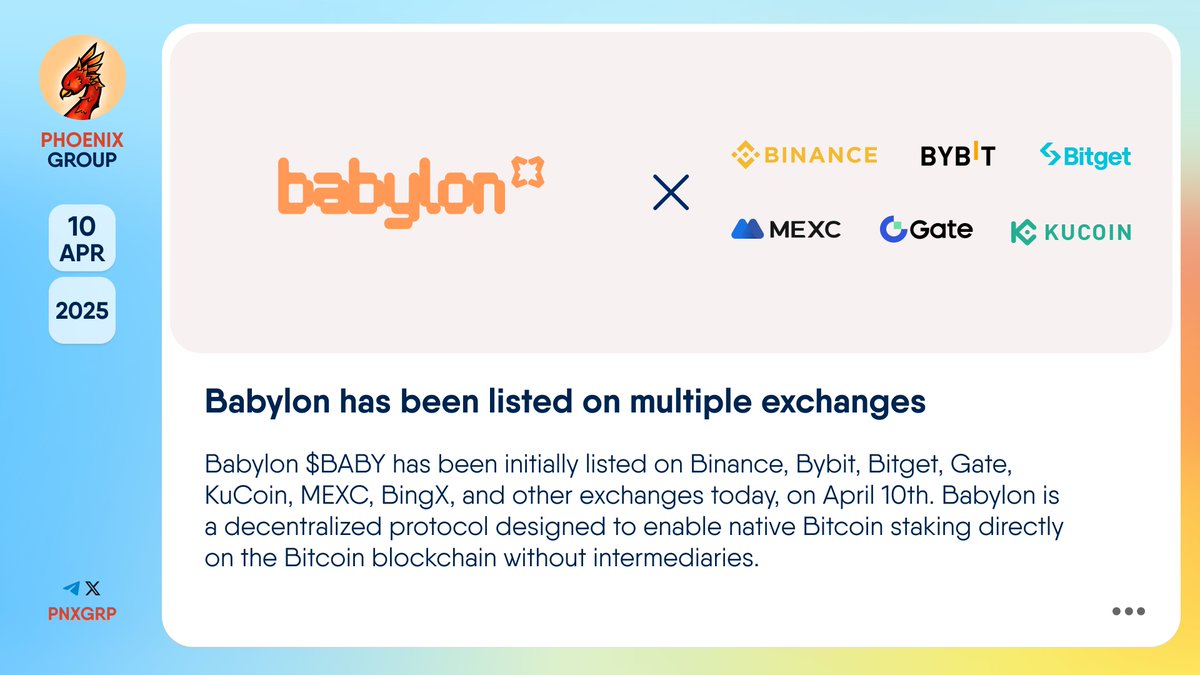 🔥 @Babylonlabs_io has been listed on multiple exchanges #Babylon $BABY has  been initially listed on @Binance, @Bybit_Official, @bitgetglobal,  @Gate_io, @kucoincom, @MEXC_Official, @BingXOfficial, and other exchanges  today, on April 10th. Current $BABY ...