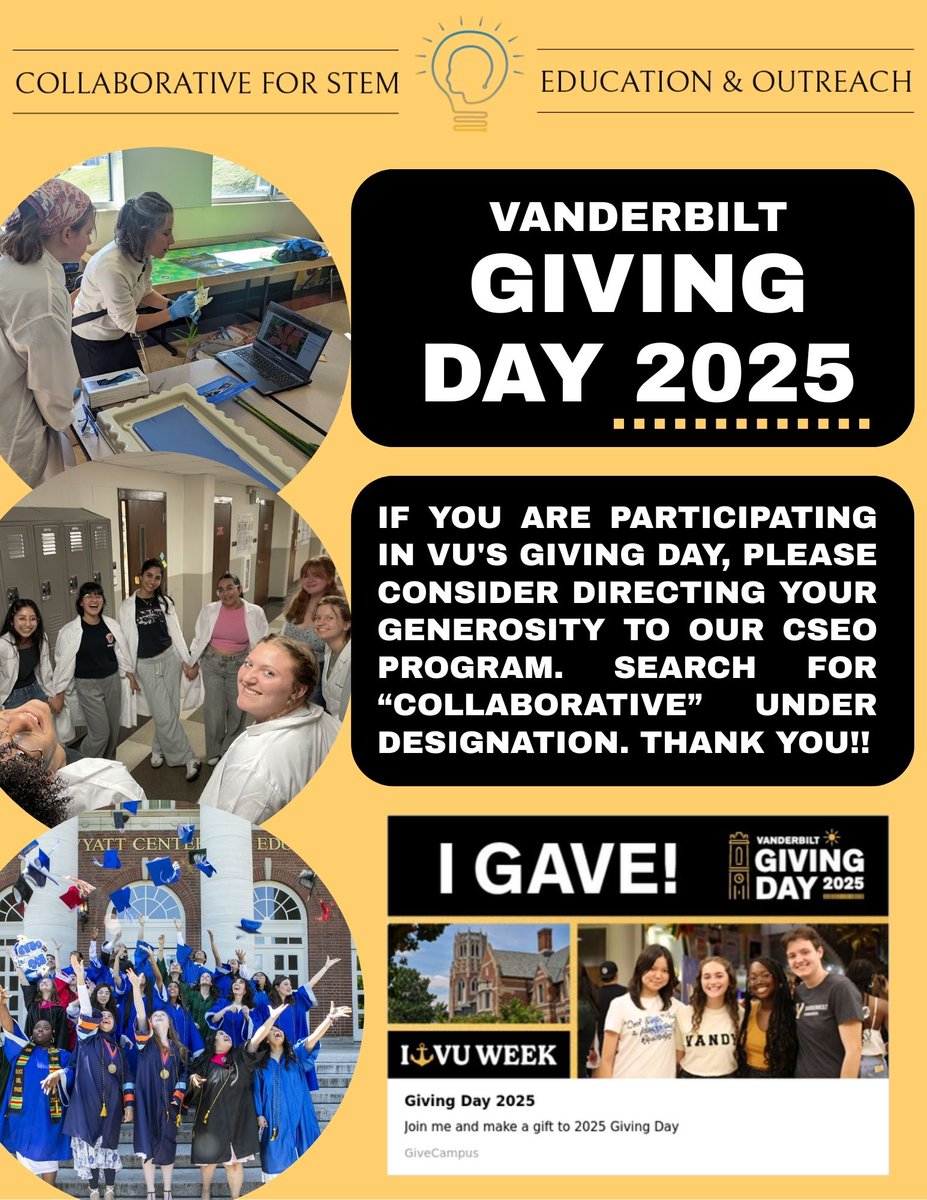 Vanderbilt Collaborative for STEM Ed. & Outreach (@vanderbiltcseo) on Twitter photo If you are participating in <a href="/VanderbiltU/">Vanderbilt University</a> Giving Day, please consider directing your generosity to our CSEO programs. Search for "Collaborative" under Designation to find the CSEO. Thank you!!
give.vanderbilt.edu/giving-day-202…
<a href="/vupeabody/">Peabody College</a> <a href="/SSMVANDY/">SSMV</a> <a href="/VandyISR/">VandyISR</a> <a href="/VandyDoD/">Day of Discovery</a>
#GivingDay If you are participating in <a href="/VanderbiltU/">Vanderbilt University</a> Giving Day, please consider directing your generosity to our CSEO programs. Search for "Collaborative" under Designation to find the CSEO. Thank you!!
give.vanderbilt.edu/giving-day-202…
<a href="/vupeabody/">Peabody College</a> <a href="/SSMVANDY/">SSMV</a> <a href="/VandyISR/">VandyISR</a> <a href="/VandyDoD/">Day of Discovery</a>
#GivingDay