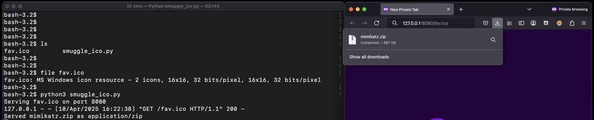 RandomDhiraj's tweet image. Just learned a neat way of hiding file within favicon (.ico). You can manipulate the dual directory entry structure and smuggle any file type in it. Here is a quick raw script I put together for testing.(github.com/RootUp/Persona…)
#infosec #redteam