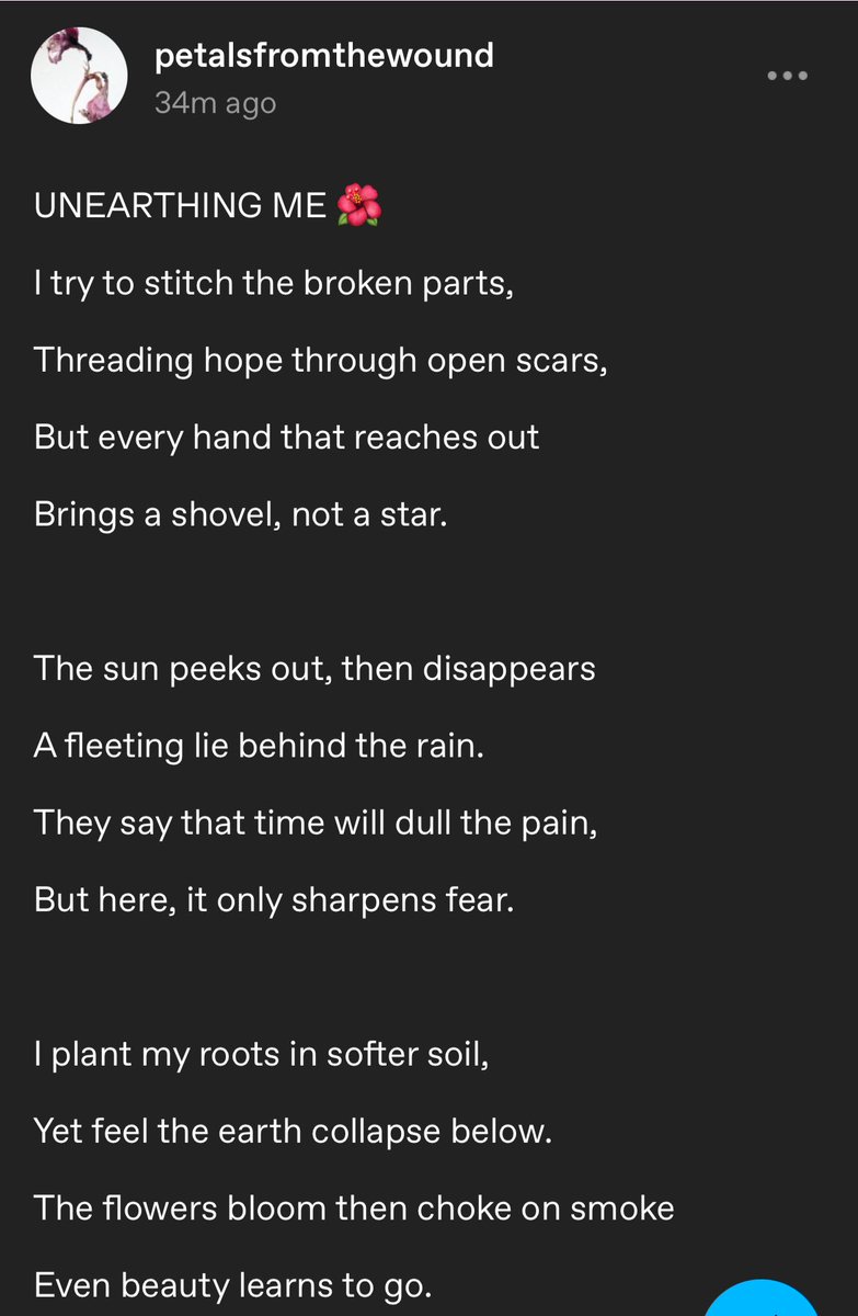Prettylankky's tweet photo. Speaking from within ❤️🔥
I wrote this poem today.. I feel somewhat at ease.. Do you have tumblr ?
Follow me @petalsfromthewound
#tumblr #poetrycommunity #poetrylovers #MentalHealth #freewriting https://t.co/0AzXgPu1RW