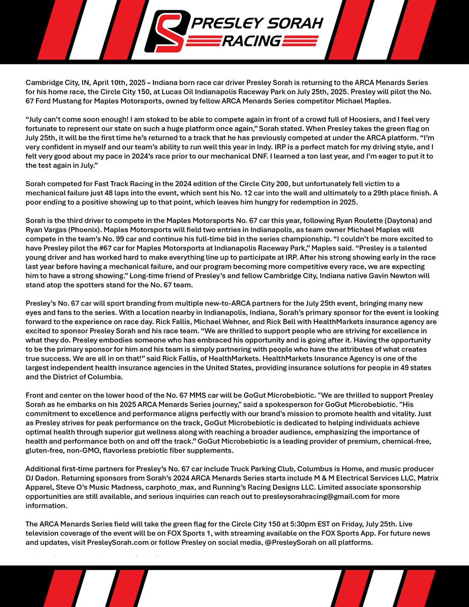 NEWS 🚨

I am excited to announce that I will be competing in the 2025 <a href="/ARCA_Racing/">ARCA Menards Series</a> Circle City 150 at my home track, <a href="/RaceIRP/">Lucas Oil Indianapolis Raceway Park</a>, on Friday, July 25th. 

I am joining Maples Motorsports to drive their No. 67 Ford for the event. Primary partners include Rick Fallis, Michael Wehner,