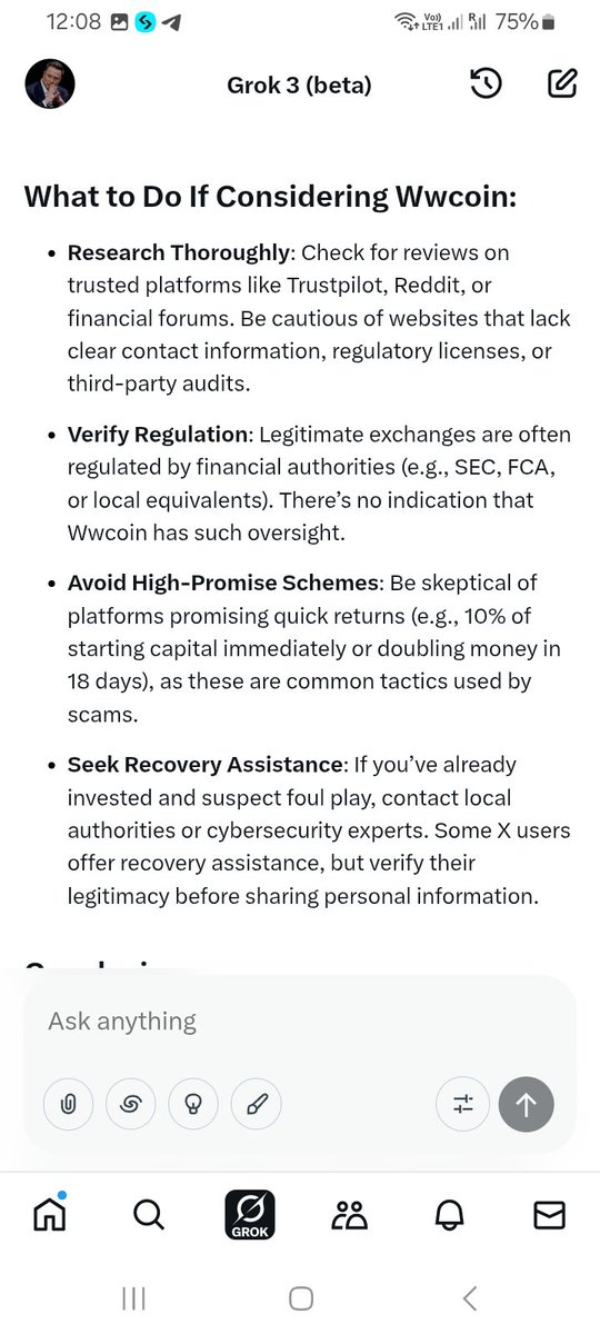 ElonMuskFrien's tweet photo. This is what @grok have to say about #Wwcoin
Don't forget to make your research before putting your hard earned into anything. https://t.co/KEkpwbz1cT