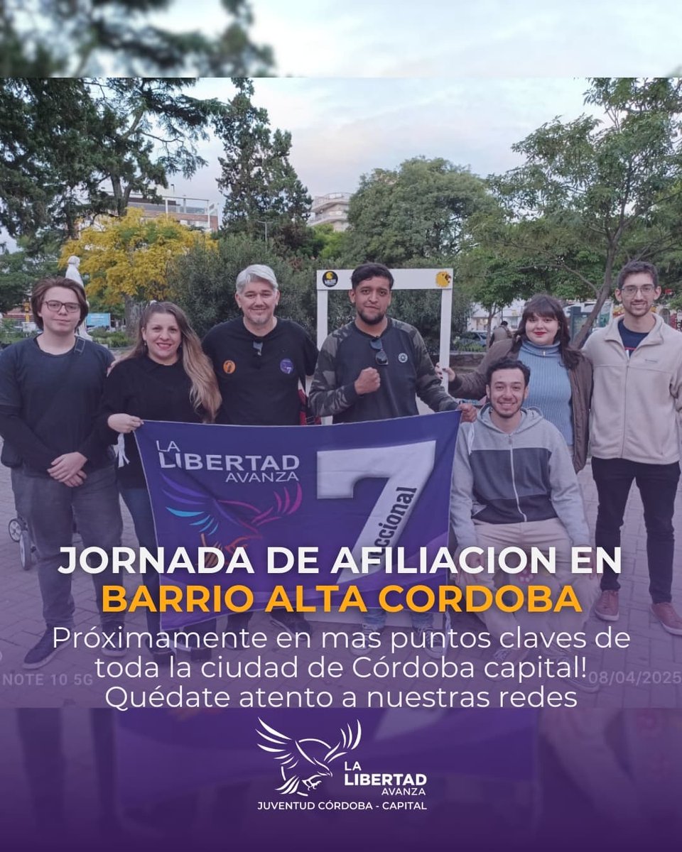 Juventud La Libertad Avanza Córdoba Capital (@lla_cba) on Twitter photo Estuvimos presentes en Plaza Rivadavia (Barrio Alta Córdoba) sumando afiliados al partido del presidente <a href="/JMilei/">Javier Milei</a>.
La Libertad Avanza continúa fortaleciendose en toda Córdoba de la mano del diputado <a href="/BornoroniG/">Gabriel Bornoroni</a> y de toda la juventud.
SUMATE: lalibertadavanza.com.ar/sumate Estuvimos presentes en Plaza Rivadavia (Barrio Alta Córdoba) sumando afiliados al partido del presidente <a href="/JMilei/">Javier Milei</a>.
La Libertad Avanza continúa fortaleciendose en toda Córdoba de la mano del diputado <a href="/BornoroniG/">Gabriel Bornoroni</a> y de toda la juventud.
SUMATE: lalibertadavanza.com.ar/sumate