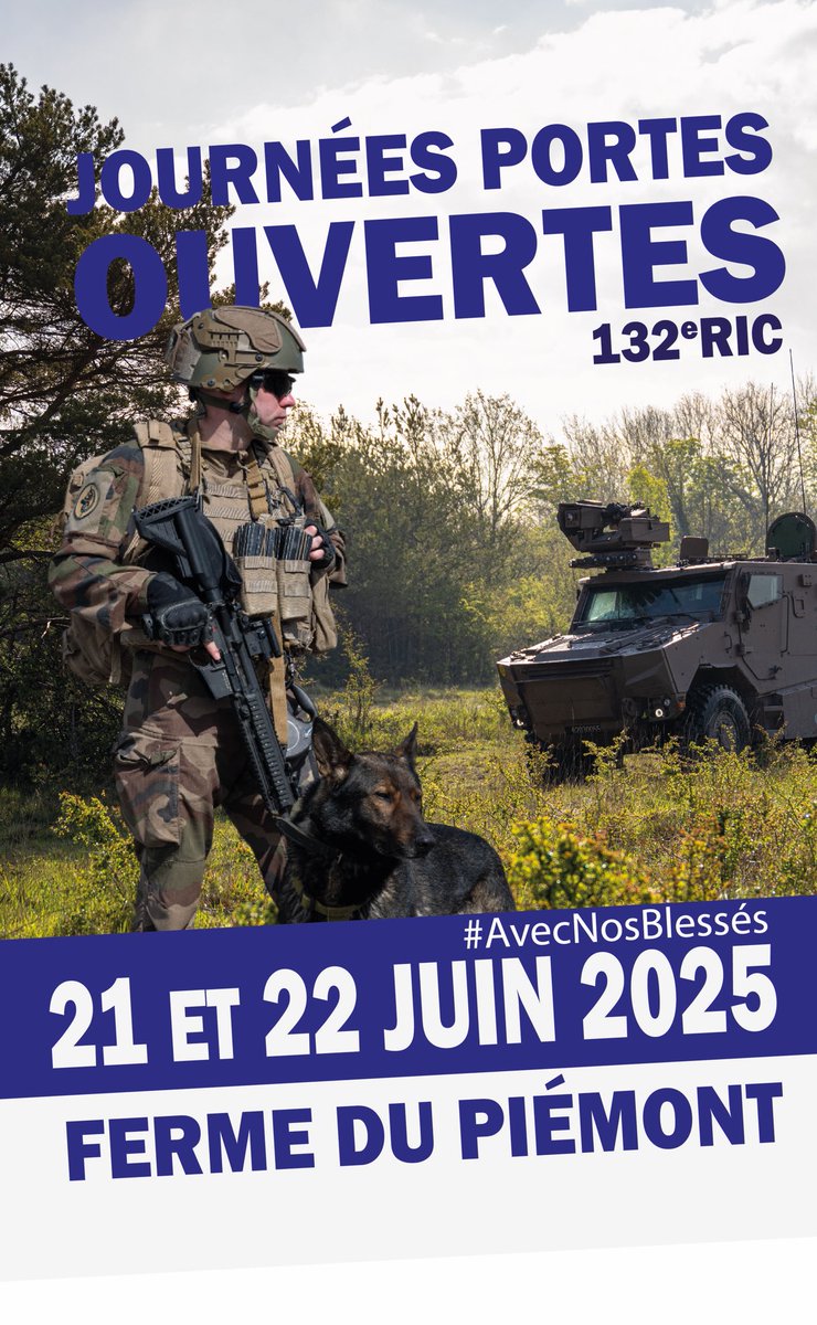 Venez nombreux aux Journées Portes Ouvertes du régiment, les 21 et 22 juin 2025 !
Une occasion unique de découvrir notre univers, nos missions et de rencontrer ceux qui les accomplissent, humains comme canins.
Restez connectés, toutes les infos arrivent très bientôt !