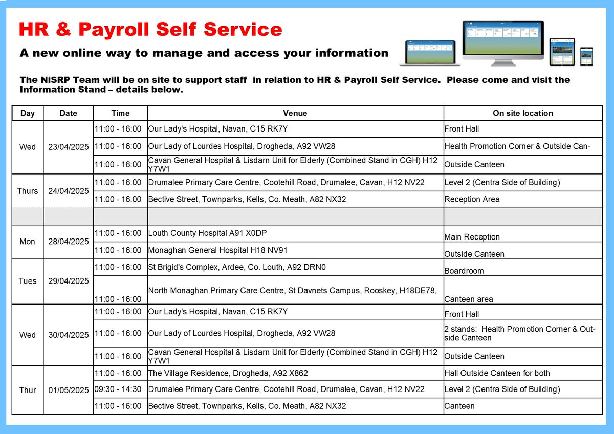 NiSRP_HR's tweet photo. Please come and visit the Information Stands from 23rd April 2025. These will help support staff in North East to get started on HR & Payroll Self Service.
All staff are welcome to attend even if you don't work in that location.
#onesystemforall https://t.co/ak8rFUNYLT