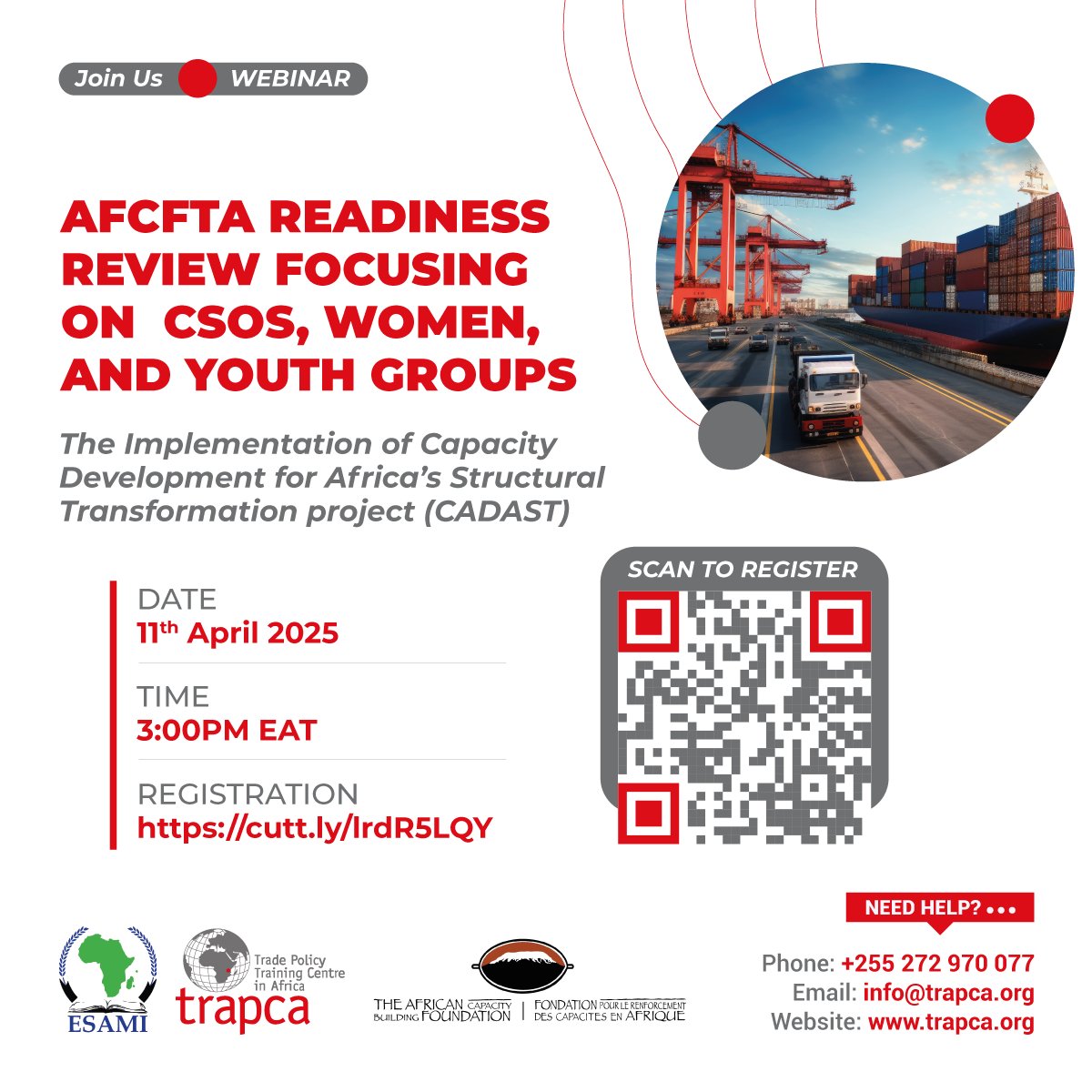 esami_trapca's tweet photo. Join @esami_trapca tomorrow, Friday, 11 April 2025 at 3:00 PM (EAT) for an insightful webinar on:

🎯 AfCFTA Readiness Review Focusing on CSOs, Women &amp; Youth Groups.

🔗 Register: https://t.co/2L5vYNioc8

@ESAMI_INSTITUTE  @ACBF_Official 

#AfCFTA #CADAST #Webinar #WomenInTrade https://t.co/rxlPRWYUYx