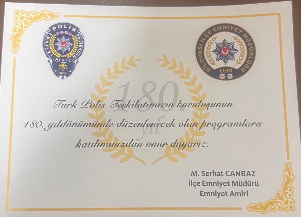 ErhanTulumtas's tweet photo. Polis teşkilatın 180 yıl dönümünü kutlamak istiyorum. Katılım sağlamak benim için gurur vericidir. Çok güzel geçti emeği geçen herkese teşekkür ederim. Dilovası ilçe emniyet müdürü Mustafa Serhat CANBAZ ayrıca teşekkür ederim. https://t.co/7eWIweFrLJ