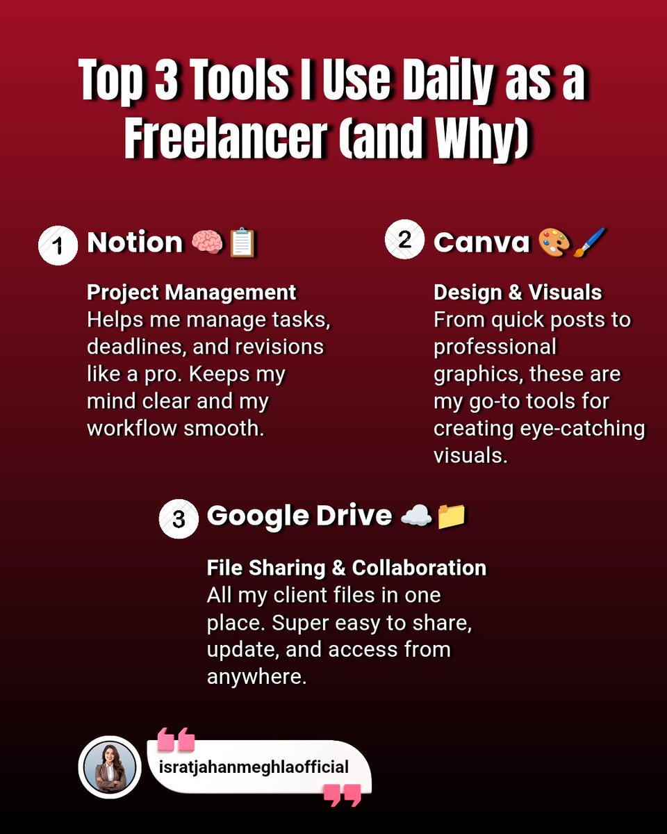 IsratDigitalPro's tweet photo. 𝗧𝗼𝗽 𝟯 𝗧𝗼𝗼𝗹𝘀 𝗜 𝗨𝘀𝗲 𝗗𝗮𝗶𝗹𝘆 𝗮𝘀 𝗮 𝗙𝗿𝗲𝗲𝗹𝗮𝗻𝗰𝗲𝗿 (𝗮𝗻𝗱 𝗪𝗵𝘆)

1. 𝗡𝗼𝘁𝗶𝗼𝗻 🧠📋 
2. 𝗖𝗮𝗻𝘃𝗮 🎨🖌️
3. 𝗚𝗼𝗼𝗴𝗹𝗲 𝗗𝗿𝗶𝘃𝗲 ☁️📁 

What’s your must-have tool as a freelancer? Drop it in the comments!

#DigitalMarketing #AI #canva #JASPER #Marketing https://t.co/JwuywpCXxQ