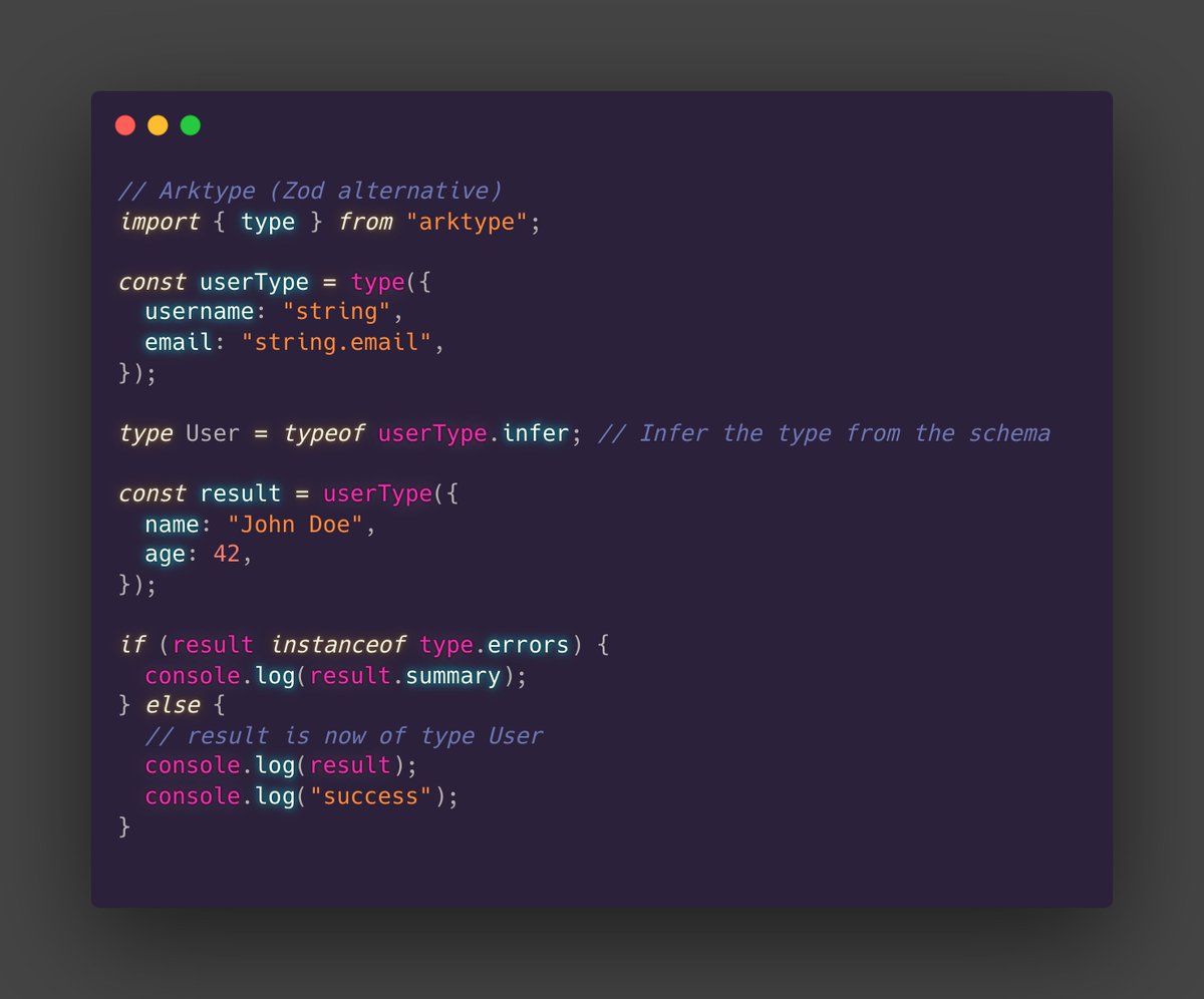 housecor's tweet photo. Zod is TypeScript's most popular runtime validation library.

But, I just tried ArkType, and it's compelling.

Here's why:
- Simpler, TS-like API
- 100x faster than Zod
- Clean, easy to parse error messages
- Supports standard schema, so easy to switch

Syntax comparison: https://t.co/SQgSNLiUy7