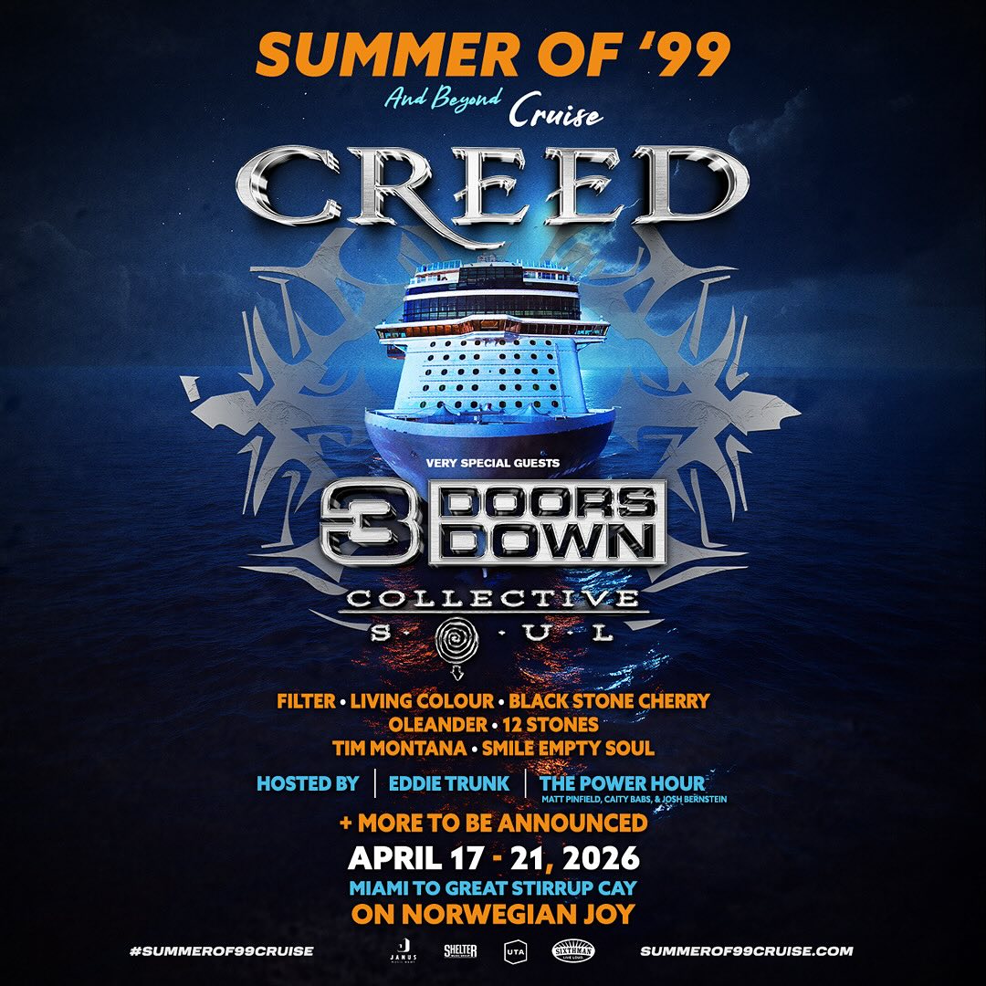 Sixthman | LIVE LOUD (@sxmliveloud) on Twitter photo It's BACK! <a href="/Creed/">Creed</a> will return for another voyage on the Summer of '99 and Beyond Cruise (now on Norwegian Joy!) with special guests <a href="/3doorsdown/">3 Doors Down</a>, <a href="/CollectiveSoul/">Collective Soul</a> and more!
Join the presale: tinyurl.com/2s4jpz5x It's BACK! <a href="/Creed/">Creed</a> will return for another voyage on the Summer of '99 and Beyond Cruise (now on Norwegian Joy!) with special guests <a href="/3doorsdown/">3 Doors Down</a>, <a href="/CollectiveSoul/">Collective Soul</a> and more!
Join the presale: tinyurl.com/2s4jpz5x