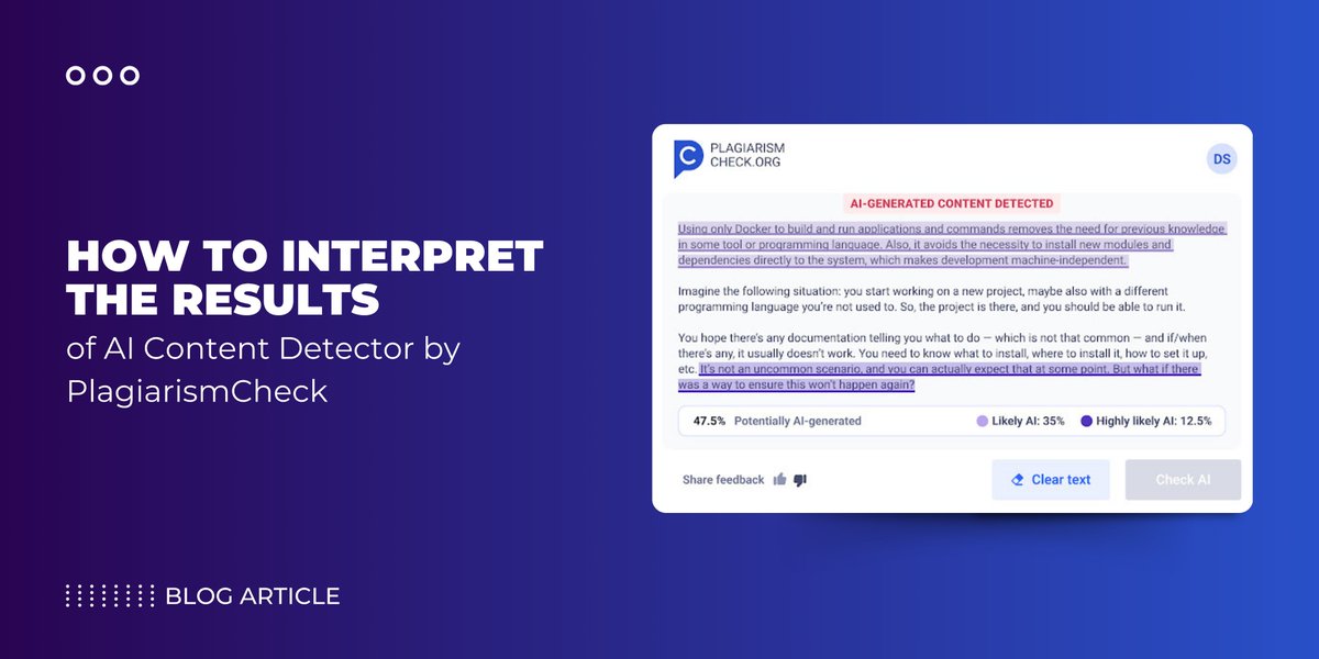 plagiarismisbad's tweet image. PlagiarismCheck’s AI Content Detector takes the guesswork out of authorship, distinguishing AI from human writing. But it also takes a skill to interpret these results.

Dive deeper here👉 plagiarismcheck.org/blog/how-to-in…

#AIContentDetection
#PlagiarismCheck #ContentIntegrity