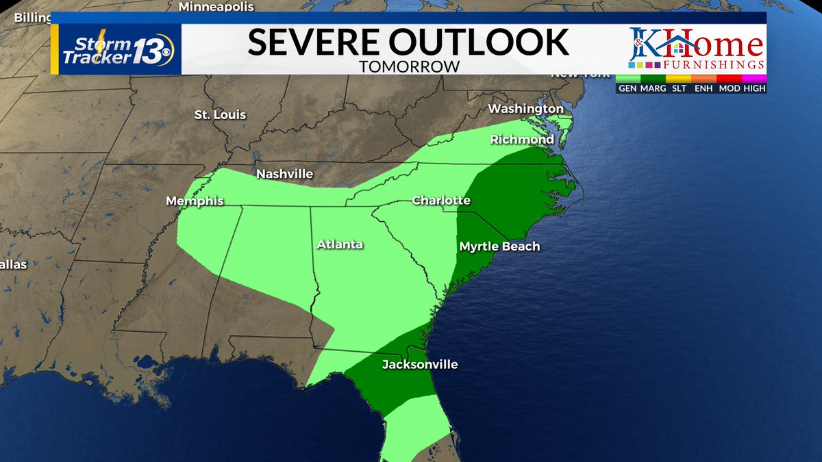 Kristachangwx's tweet photo. With a chance for showers and storms on Friday parts of the Pee Dee and Grand Strand are in a Marginal Risk (level 1/5) for severe weather. Damaging winds and hail are the biggest threats at this time. https://t.co/V14JBwvXyY