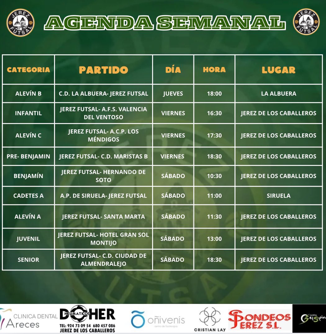 🅐🅖🅔🅝🅓🅐 🅢🅔🅜🅐🅝🅐🅛

👉Como cada semana les dejamos todos los partidos de todas nuestras categorías base y primer equipo.

¡¡A disfrutar!! 💚💪🏻

👇𝑨𝒒𝒖𝒊 𝒐𝒔 𝒅𝒆𝒋𝒂𝒎𝒐𝒔 𝒍𝒂 𝒂𝒈𝒆𝒏𝒅𝒂 𝒅𝒆𝒍 𝒇𝒊𝒏 𝒅𝒆 𝒔𝒆𝒎𝒂𝒏𝒂👇

#10añosJerezFutSal
#JerezFutSal💚💚