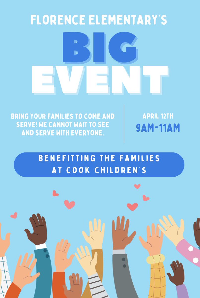 The BIG Event is almost here! Join April 12 9am-11am at Florence as we put together items to help families at Cook Children’s.
#FlorenceFalcons
#KellerISD
#KISDBigEvent25