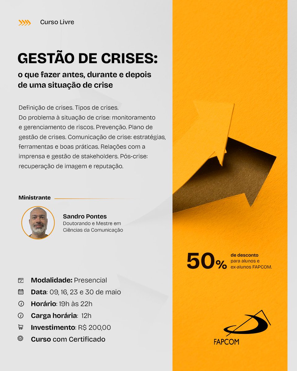 O curso Gestão de Crises da FAPCOM te ensina como agir antes, durante e depois de situações críticas, protegendo a reputação e garantindo decisões estratégicas.

📲 Inscreva-se agora: fapcom.edu.br/portal/cursos-… 

#GestãoDeCrises #ComunicaçãoEstratégica #FAPCOM