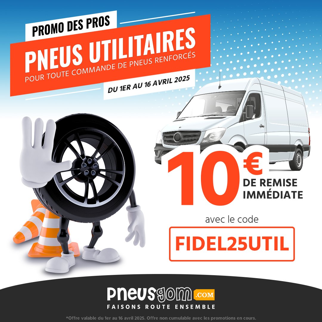 PNEUSGOM's tweet photo. ✨10€ de remise immédiate sur tous les pneus renforcés !✨
✅ Pneus de qualité spécialement conçus pour vos utilitaires 🚛
✅ 10€ de remise immédiate avec le coupon FIDEL25UTIL  💸
✅ Offre valable du 1er au 16 avril 2025 📅

✨ RDV sur https://t.co/Nw2Omnp4oi https://t.co/1mHt7W8Gbl