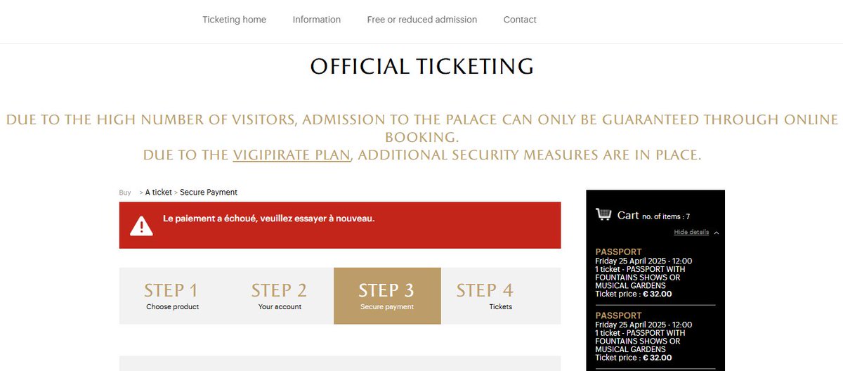 pcmonsegur's tweet photo. @CVersailles Est-ce que quelqu'un d'autre a le même problème ?
J'essaie d'acheter un passeport pour Versailles depuis 10 jours, mais le site officiel continue de rejeter l'achat. Ce n’est pas un problème de cartes, c’est un problème de localisation.
Assistance SVP. 🙏🇫🇷 https://t.co/yKRVoltykd