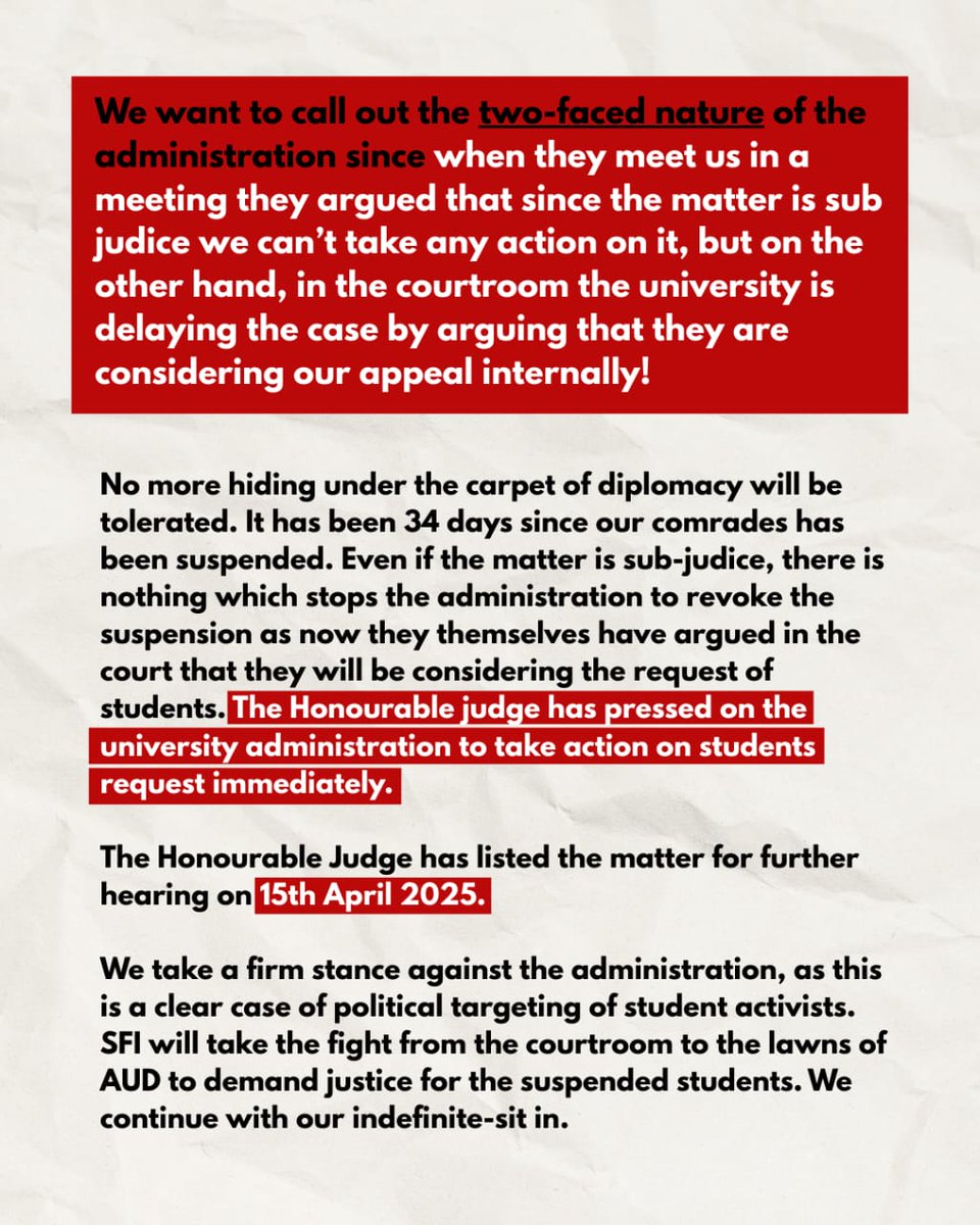 SfiDelhi's tweet photo. The Proctor at AUD has banned protests near admin block, violating students' constitutional rights.
 Democracy dies in silence.
 We won’t be quiet. AUD IS ON HUNGER STRIKE!
 #SaveAUD https://t.co/s9mWJW7hh2