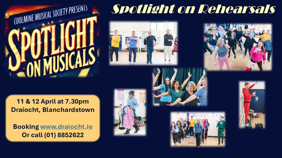Coolmine Musical-Soc (@coolminems) on Twitter photo There's only 1 sleep until we open in <a href="/Draiocht_Blanch/">Draíocht Blanchardstown</a> with Spotlight on Musicals for Friday 11 & Saturday 12, so don't miss your chance for a very entertaining night of song and dance!
Book now at draiocht.ie or call (01)8852622.
Here's more rehearsal photos! There's only 1 sleep until we open in <a href="/Draiocht_Blanch/">Draíocht Blanchardstown</a> with Spotlight on Musicals for Friday 11 & Saturday 12, so don't miss your chance for a very entertaining night of song and dance!
Book now at draiocht.ie or call (01)8852622.
Here's more rehearsal photos!