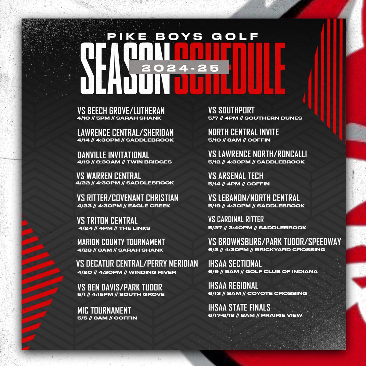 PikeHSAthletics's tweet photo. Boys Golf gets underway today as they head to Sarah Shank Golf Course to take on Beech Grove and Lutheran!

Take a look at the schedule and be sure to come on out to support your Red Devils!

#PikeRedDevilsRise https://t.co/wCYdGEiyvh