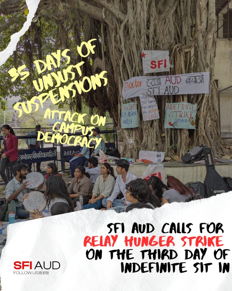 SfiDelhi's tweet photo. AUD proctor is busy saving ABVP cadres who ragged a student, while our comrades who fought for the survivors stay suspended from the college. Students of AUD have been on hunger strike, since the last two days,asking for justice for the suspended students.

 #SaveAUD https://t.co/474U0FcVJh