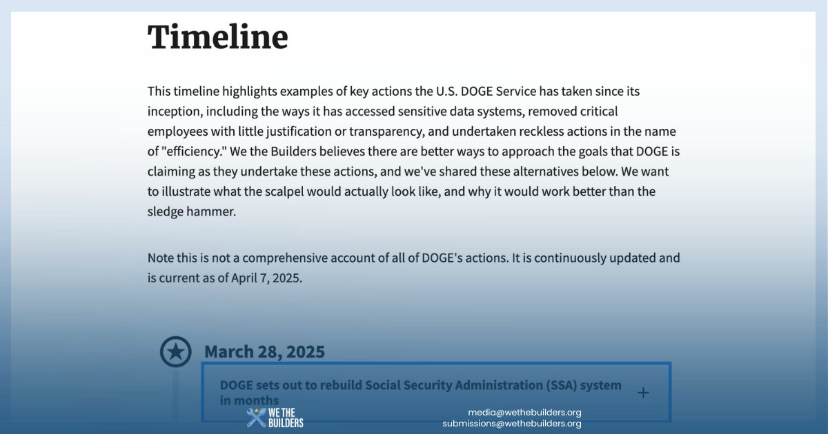 Alt_USDS's tweet photo. We've built a timeline tracking #DOGE actions since inception—accessing sensitive data, unjustified staff removals, and reckless "efficiency" moves.

Transparency matters. See how a scalpel beats a sledgehammer every time:
https://t.co/EXk1sqeKek

#AltUSDS #AltGov #Accountability https://t.co/lkJCyR8spb