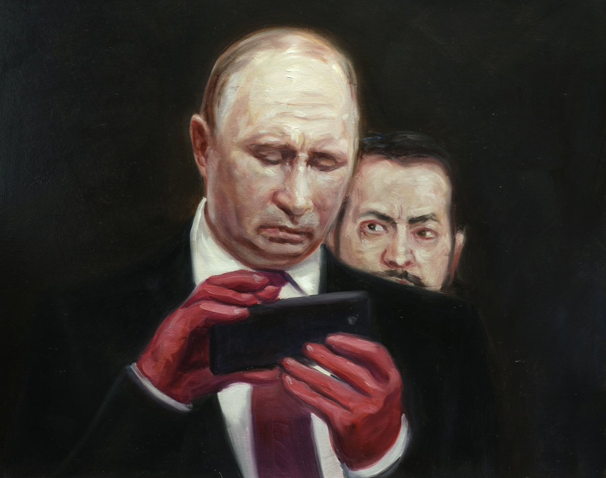 ” How Does This Thing Work? ”, 2024, oil on board, 40 x 50 cm. #art #oilpainting #ukraina #ukraine #slavaukraini #stopputin #russia #war #blood #contemporaryart #artistsontwitter #artistsonx #figurativepainting #bloodyhands #iphone #kajstenvall