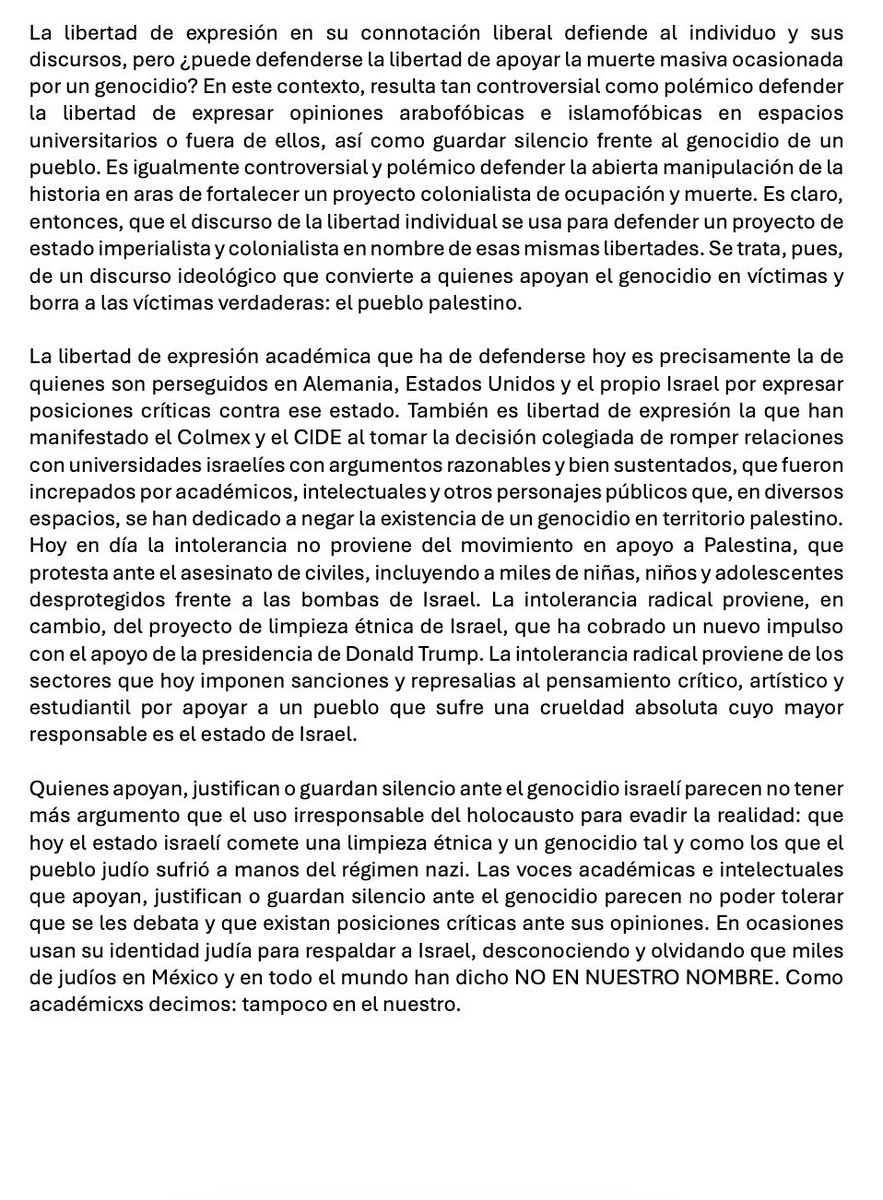 AcademPalestina's tweet photo. Académicxs e intelectuales que justifican o guardan silencio ante el genocidio no toleran que se les debata y que existan posiciones críticas. Olvidan que miles de judíos en México y en el mundo han dicho NO EN NUESTRO NOMBRE. 
Como académicxs decimos "tampoco en el nuestro" 🍉🗝️ https://t.co/0lFhWMfxDZ