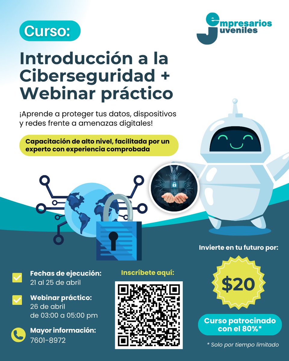 🧠💡 Domina lo básico de la ciberseguridad con una experiencia práctica y directa con expertos.

📲 ¡Inscríbete aquí: bit.ly/3RpgAt7 o escribe al 7601-8972 para más información!