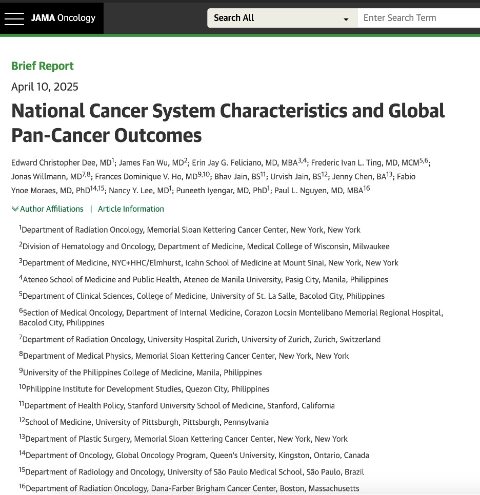 Edward Christopher "Chris" Dee, MD (@echrisdee) on Twitter photo 📜 In <a href="/JAMAOnc/">JAMA Oncology</a>: "National Cancer System Characteristics and Global Pan-Cancer Outcomes."
🙏 <a href="/JamesFanWu/">James Wu | 吴简凡 MD</a> @Erin_Feliciano @FredTingMD @Jonas_Willmann @FrancesVHo <a href="/BhavJain_/">Bhav Jain</a> <a href="/Urvish_Jain1/">UrvishJain</a> @JennyCh7799 @FabioMoraesMD @IMRTLee <a href="/IyengarPuneeth/">Puneeth Iyengar</a> <a href="/DrPaulNguyen/">Paul Nguyen</a>
🔗 jamanetwork.com/journals/jamao… 📜 In <a href="/JAMAOnc/">JAMA Oncology</a>: "National Cancer System Characteristics and Global Pan-Cancer Outcomes."
🙏 <a href="/JamesFanWu/">James Wu | 吴简凡 MD</a> @Erin_Feliciano @FredTingMD @Jonas_Willmann @FrancesVHo <a href="/BhavJain_/">Bhav Jain</a> <a href="/Urvish_Jain1/">UrvishJain</a> @JennyCh7799 @FabioMoraesMD @IMRTLee <a href="/IyengarPuneeth/">Puneeth Iyengar</a> <a href="/DrPaulNguyen/">Paul Nguyen</a>
🔗 jamanetwork.com/journals/jamao…