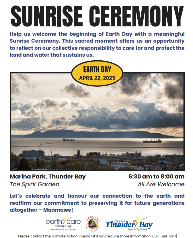 CityThunderBay's tweet photo. Let’s begin Earth Day in harmony with nature. Come and greet the rising sun with gratitude, reflection, and hope. All welcome. Honour Mother Earth, connect in community, and set positive intentions. Spirit Garden - Marina Park (sacred fire area)Tues., April 22, arrive by 6:30am. https://t.co/wKrBpOwrmQ