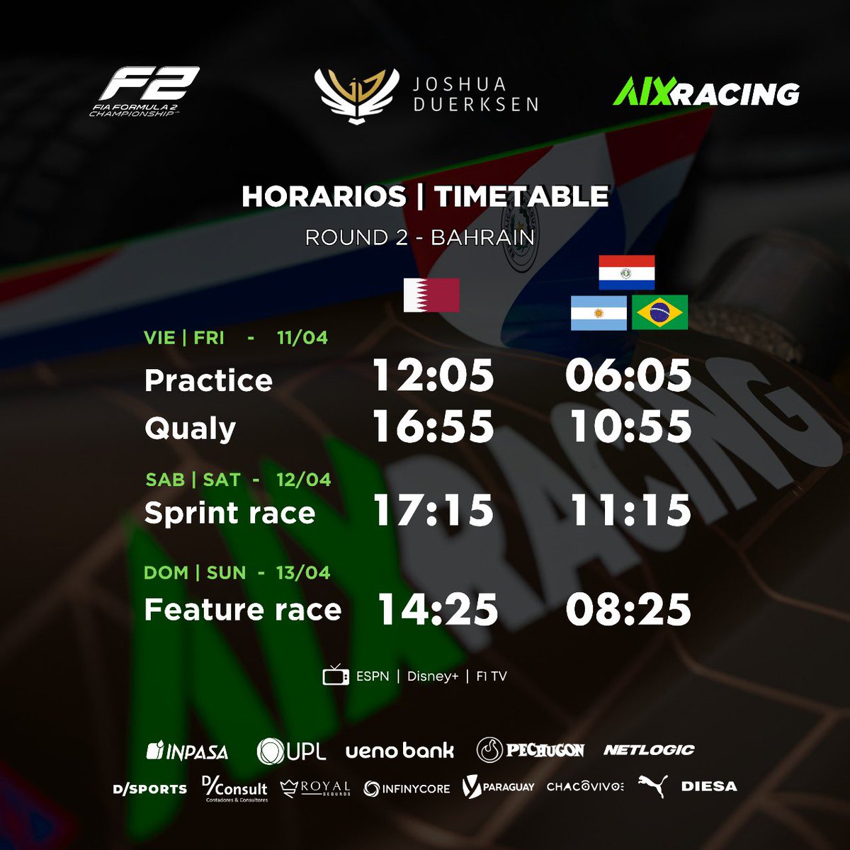 🇧🇭 HORARIOS | TIMETABLE ⏰ 

Se acerca un nuevo fin de semana de competencia 💪🏼

#JD20 #BahrainGP #Formula2 #F2 #SomosMbarete🇵🇾