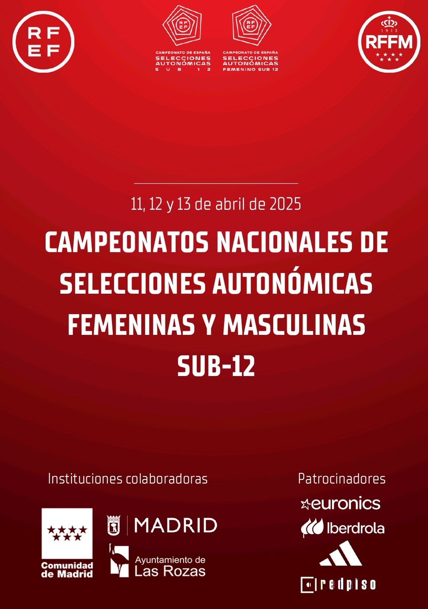 RFFM_oficial's tweet photo. 📒 CAMPEONATO DE ESPAÑA DE SELECCIONES AUTONÓMICAS SUB-12 FEMENINAS Y MASCULINAS

La @ComunidadMadrid acoge este fin de semana la gran fiesta del fútbol formativo con las 38 selecciones de  19 federaciones territoriales.

Toda la INFO de la mano de @Red_Piso 👇🏻

🔗 https://t.co/o777IOpbby