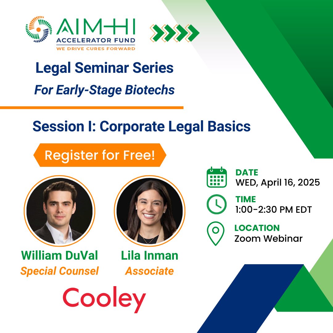 AIM-HI is thrilled to announce a Legal Seminar series provided by our Partners at Cooley for #entrepreneurs. #Biotech #LifeSciences #FreeWebinar
Session I: Corporate Legal Basics | Register for FREE: hubs.ly/Q03gN2T40
Register for following sessions: hubs.ly/Q03gN2lm0