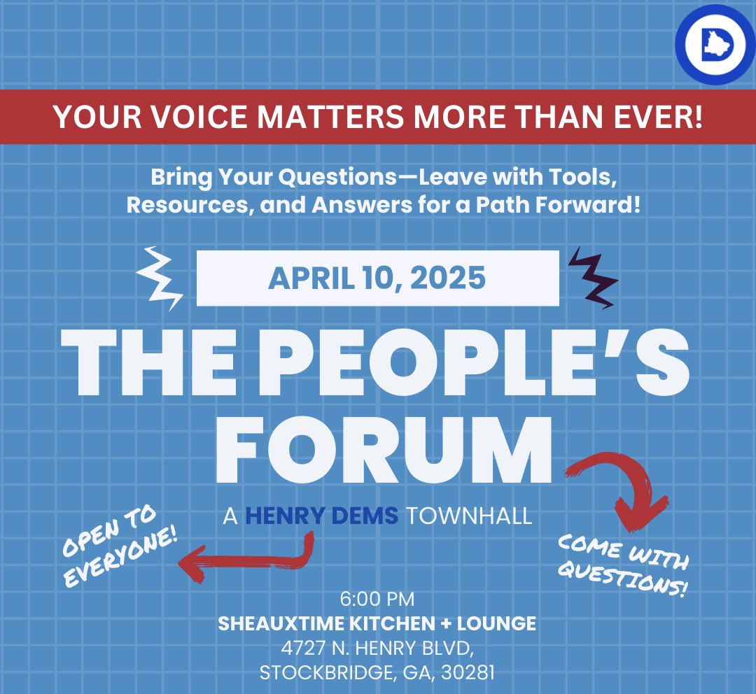 henrydemsga's tweet photo. TONIGHT the Henry County Dems host a town hall pushing back on the Trump administration. We answer questions from the community, and chart a new path forward. Come out TONIGHT, 6pm, at Sheauxtime Kitchen &amp; Lounge! https://t.co/9GxzIJICg8