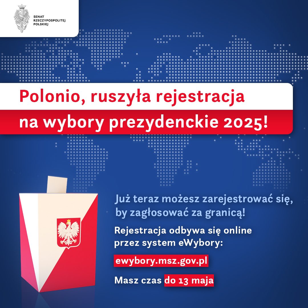 Polacy za granicą mogą już rejestrować się do udziału w wyborach prezydenckich 2025.
Rejestracja odbywa się online – wystarczy kilka podstawowych danych i wybór komisji, w której będzie się głosować. Można to zrobić do 13 maja.
To prosty krok, by mieć realny wpływ na wybory.