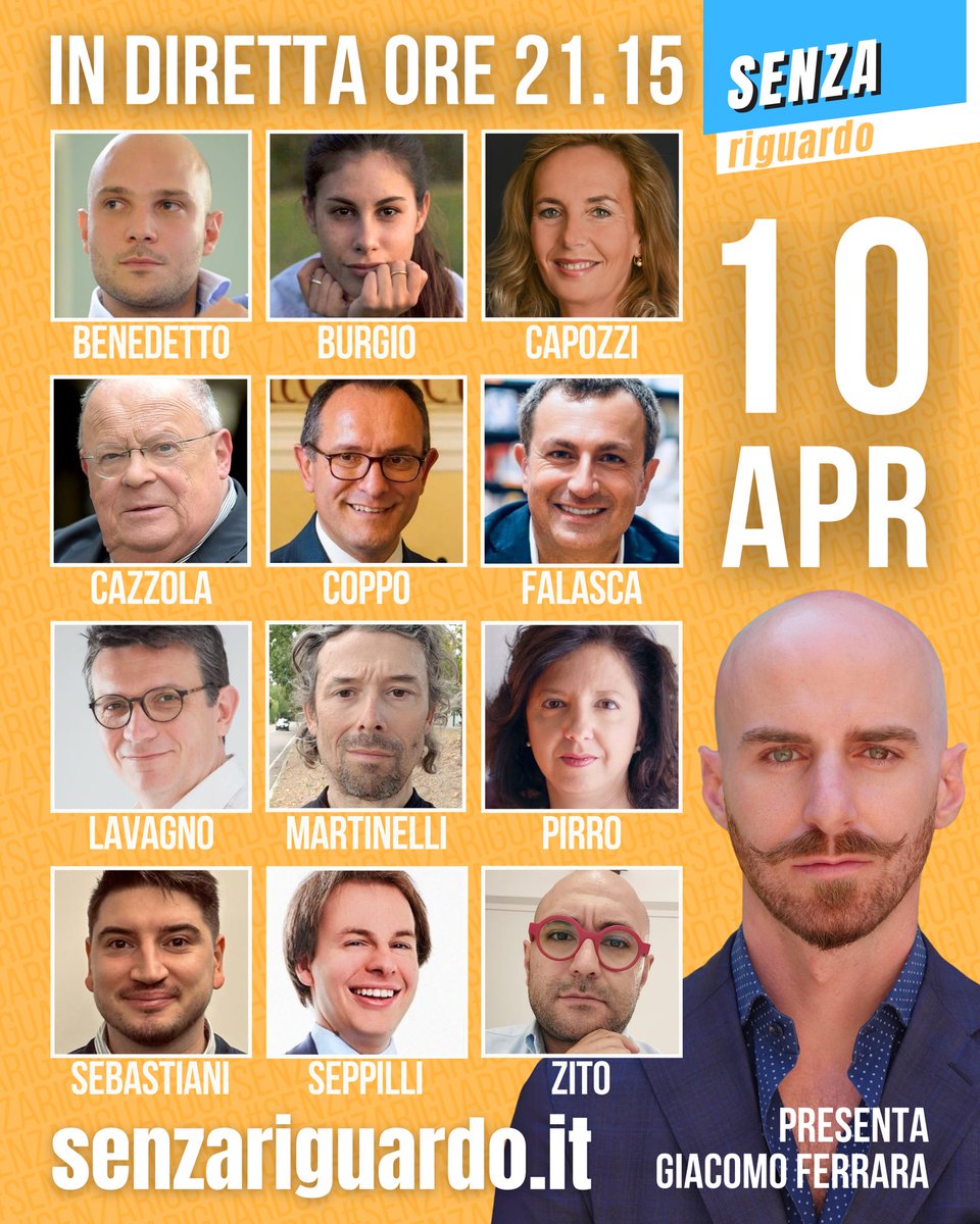 📢 Stasera alle 21.15 su #SenzaRiguardo: #dazi #USA-#Cina, #Meloni a #Washington, #ReCarlo a Roma e #CortedeiConti. Live su Twitch, YouTube e Facebook! @BenedettoMario <a href="/fiorinacapozzi/">Fiorina Capozzi</a> <a href="/votacoppo/">Marcello Coppo</a> <a href="/pier_falasca/">Piercamillo Falasca 🇮🇹🇪🇺</a> <a href="/flavagno/">Fabio Lavagno</a> <a href="/pirroelisa/">Elisa Pirro</a> <a href="/LucaSebastiani_/">Luca Sebastiani</a> <a href="/LSeppilli/">Ludovico Seppilli</a> <a href="/ZitoNello/">NelloZito</a>