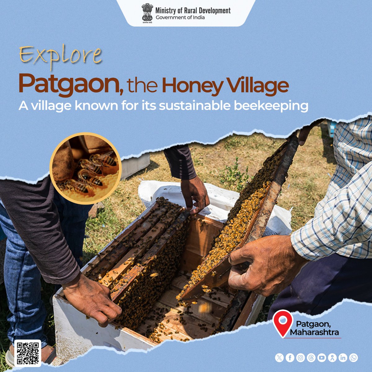 MoRD_GoI's tweet photo. Patgaon, the honey village of #Maharashtra got its recognition for the remarkable honey production and sustainable bee-keeping practices. Come, experience the fusion of tourism and traditional livelihood, which is driving economic and cultural sustainability for local communities. A model village for experiencing the true colours of Indian tourism and economic resilience which has won bronze award for best Rural Tourism Village.

#MoRD #IncredibleIndia #RuralTourism #ExploreIndia #Travel #Tourism #KnowYourRuralIndia